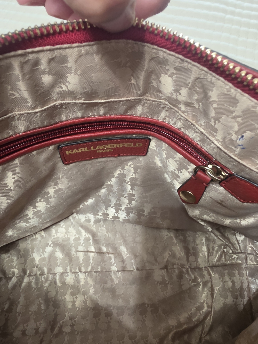 Karl Lagerfeld Red Pebbled Leather Tote with Gold Accents - Picture 5 of 5